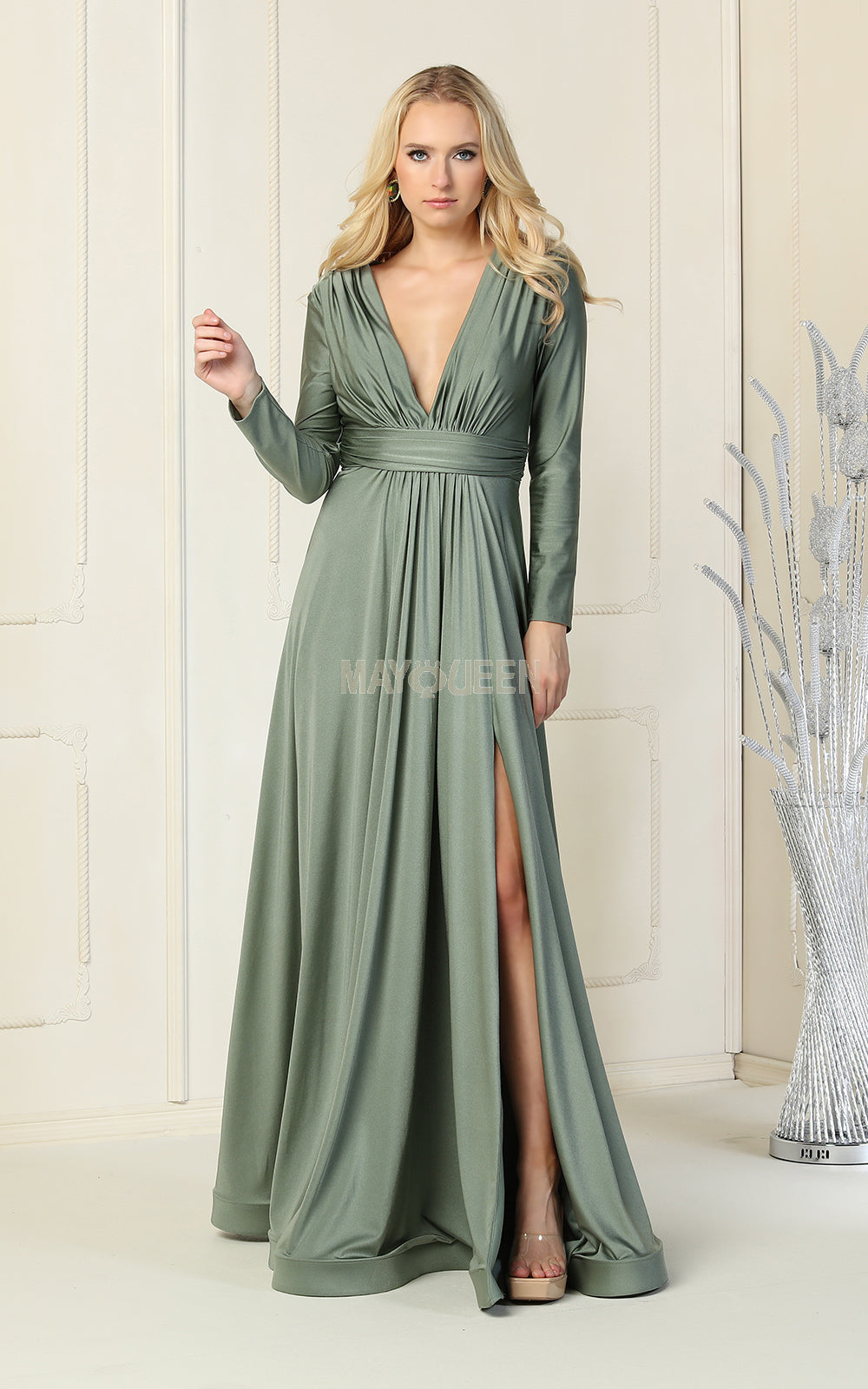 V-Neck Jersey Floor-Length Evening Gown A-Line May Queen MQ1835 – The Dress  Outlet
