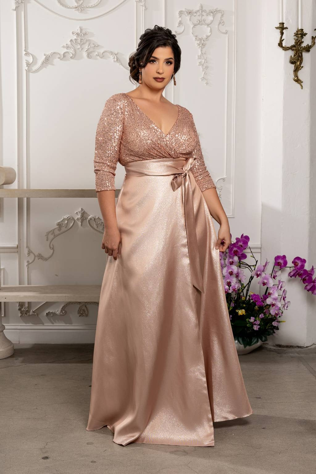 V-Neck Floor-Length Sequin Prom A-Line May Queen MQ1852