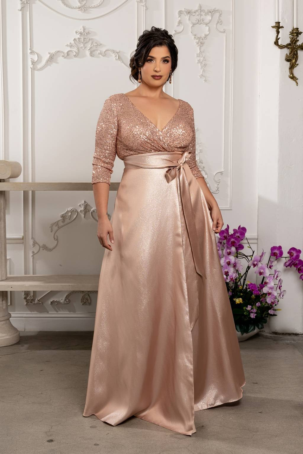 V-Neck Floor-Length Sequin Prom A-Line May Queen MQ1852