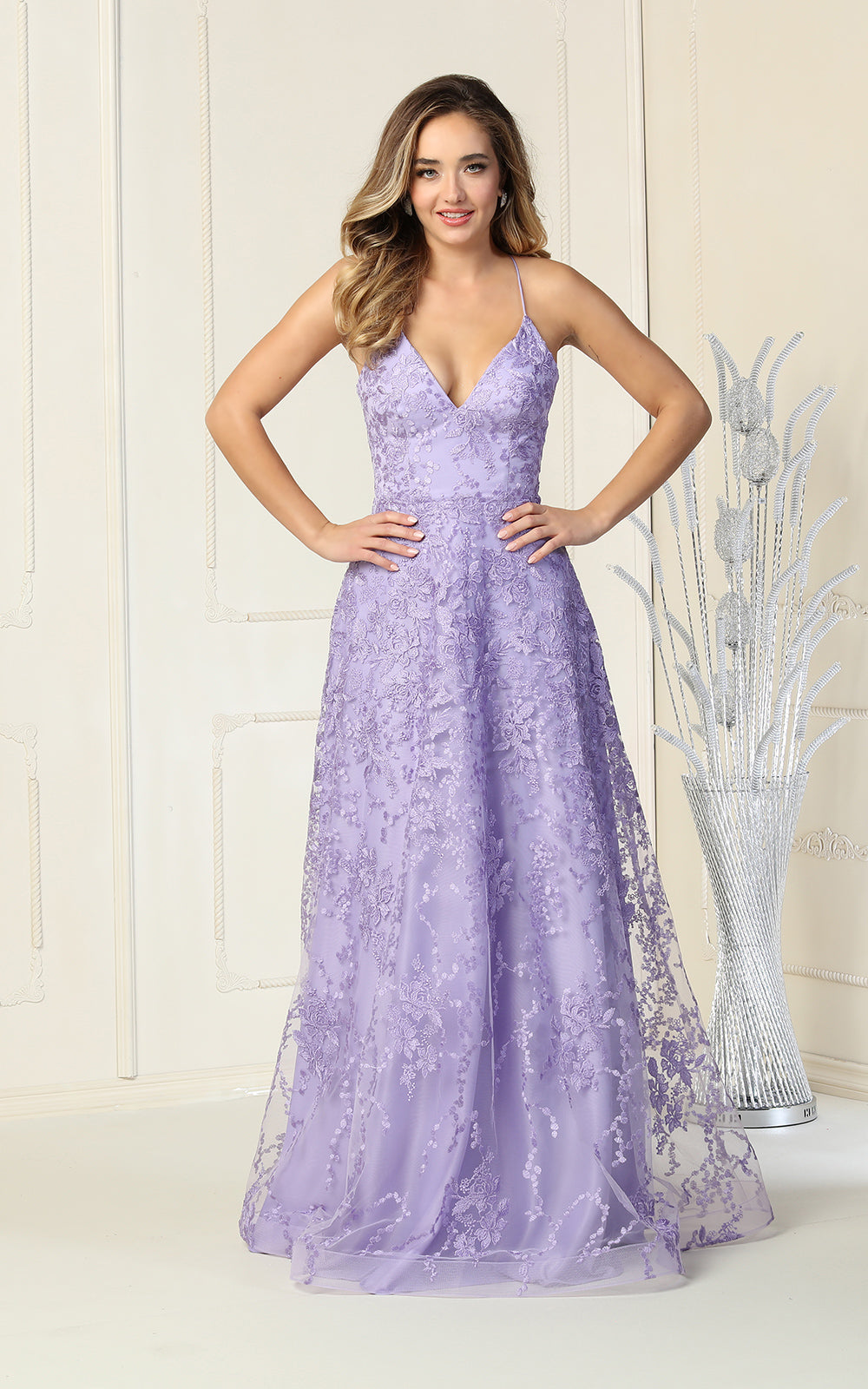 V-Neck Floor-Length Lace Prom A-Line May Queen 1885