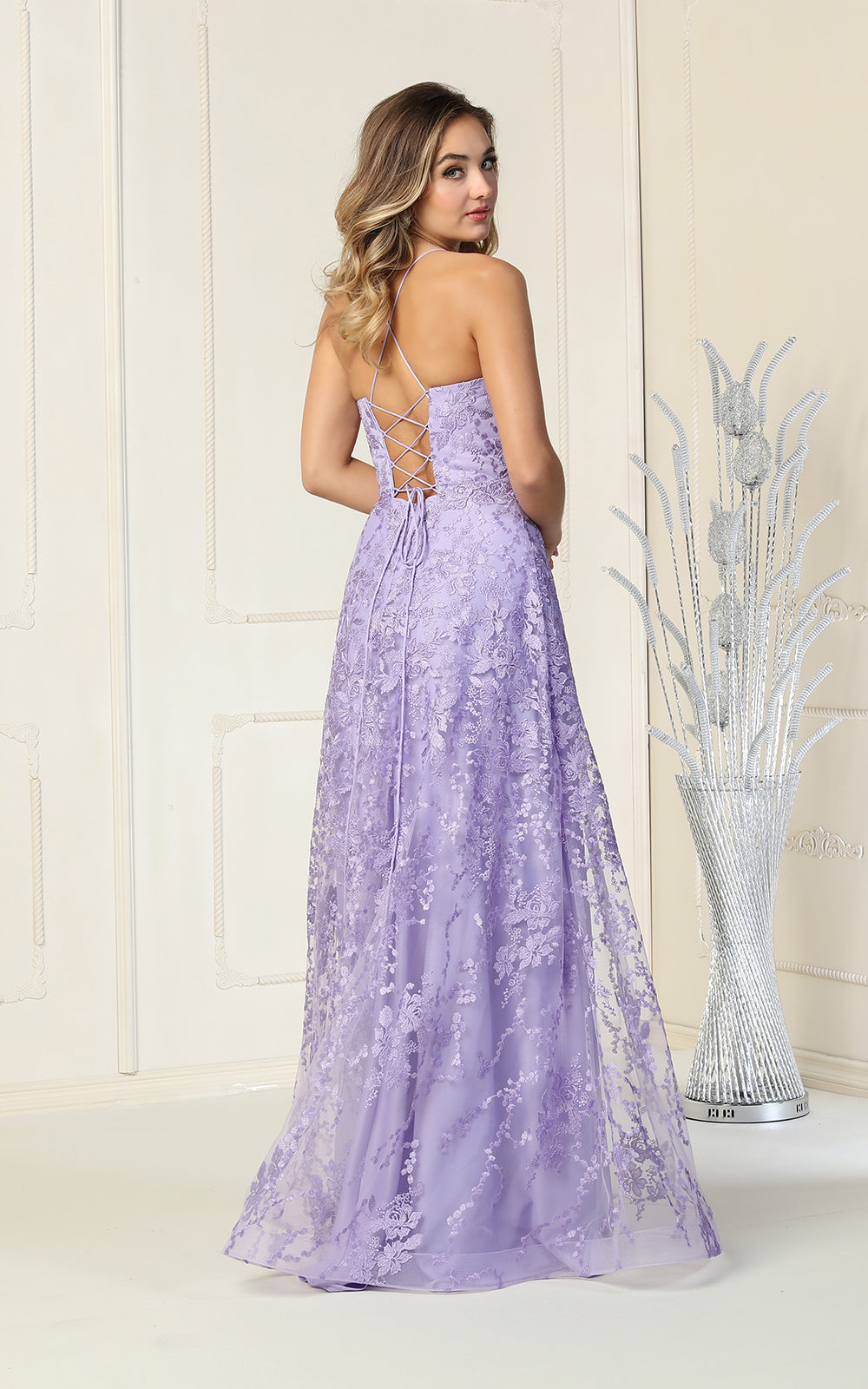 V-Neck Floor-Length Lace Prom A-Line May Queen 1885