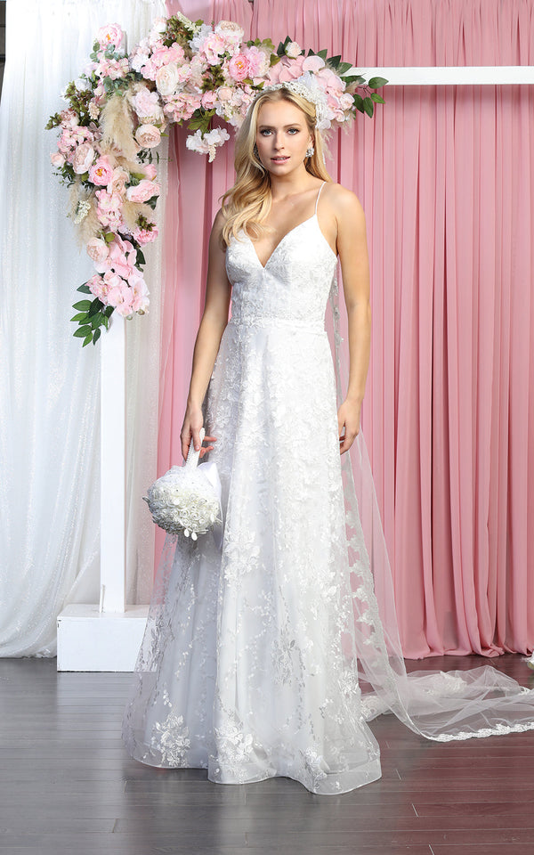 V-Neck Floor-Length with Train Lace Bridal Dress A-Line May Queen 1885