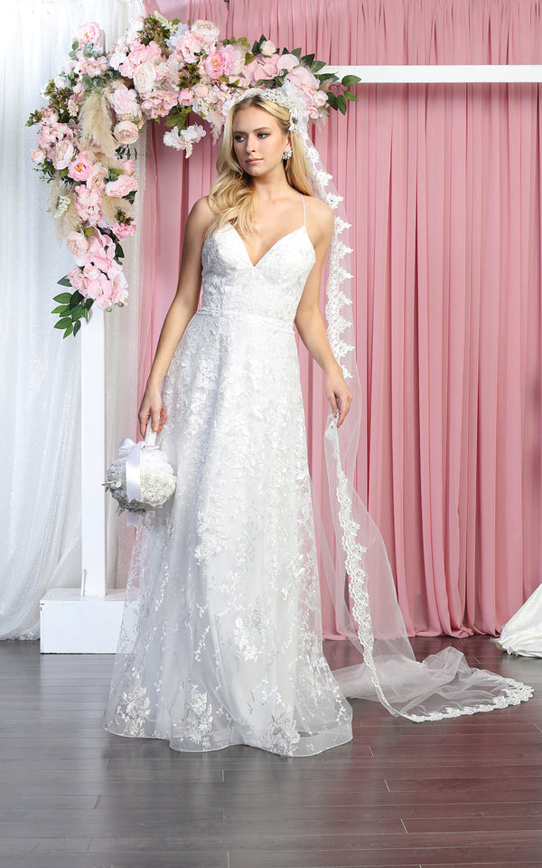 V-Neck Floor-Length with Train Lace Bridal Dress A-Line May Queen 1885