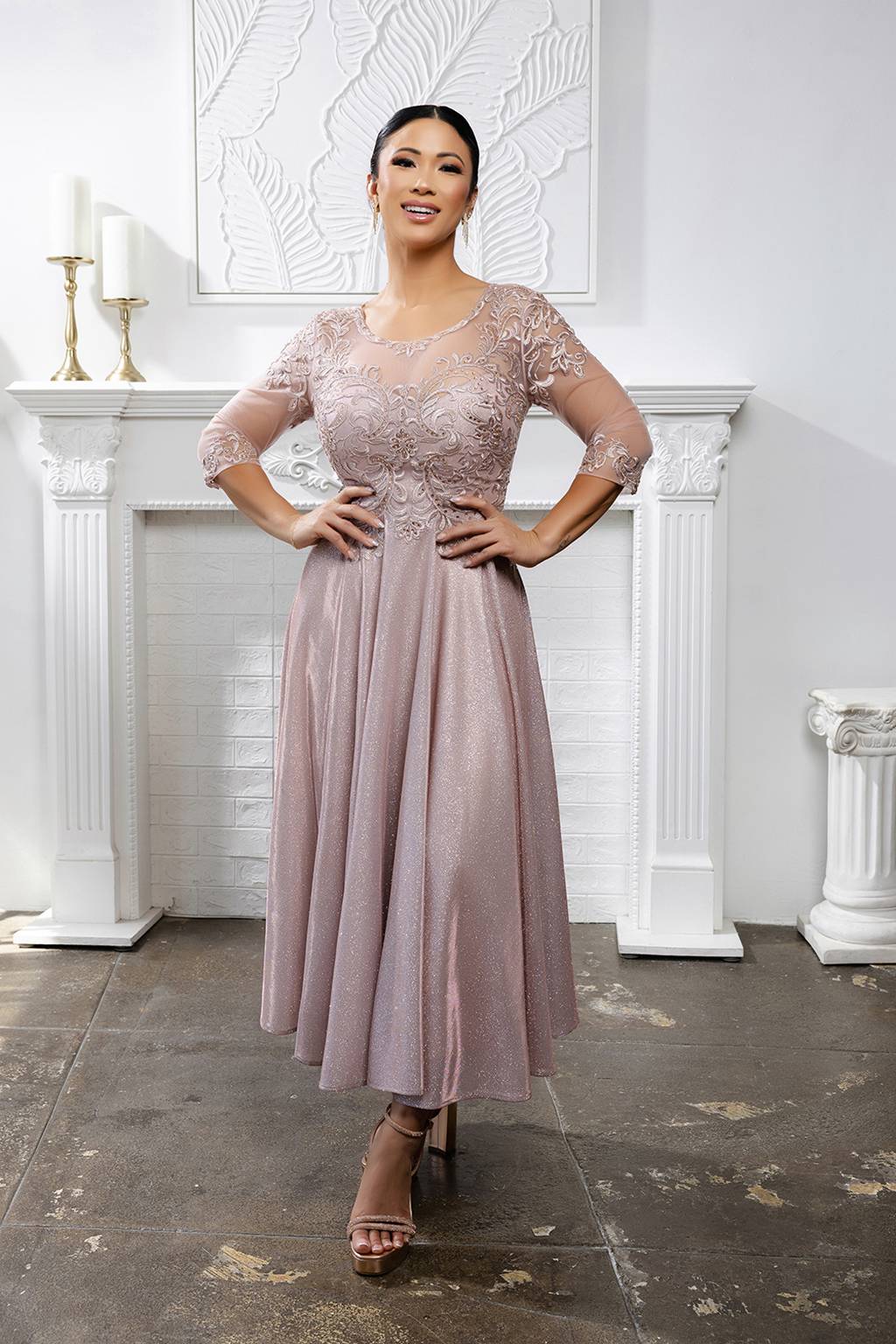 Tea Length Lace Applique Glitter Dress May Queen MQ2057