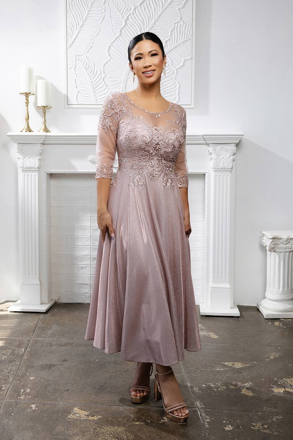 Tea Length Lace Applique Glitter Dress May Queen MQ2057