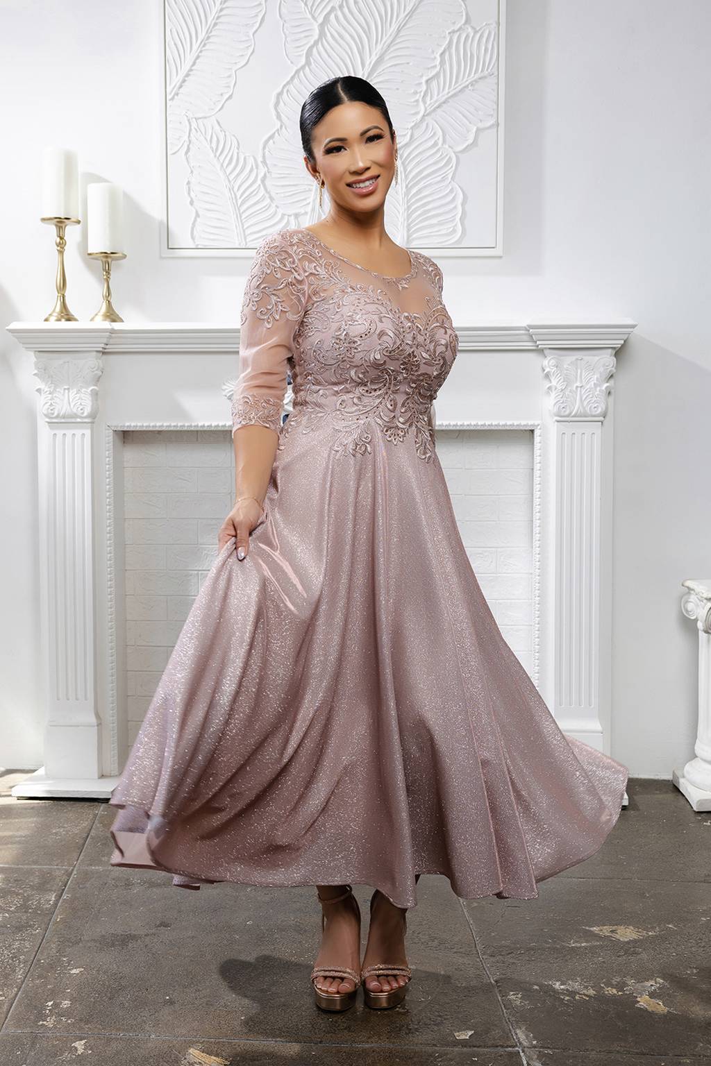 Tea Length Lace Applique Glitter Dress May Queen MQ2057