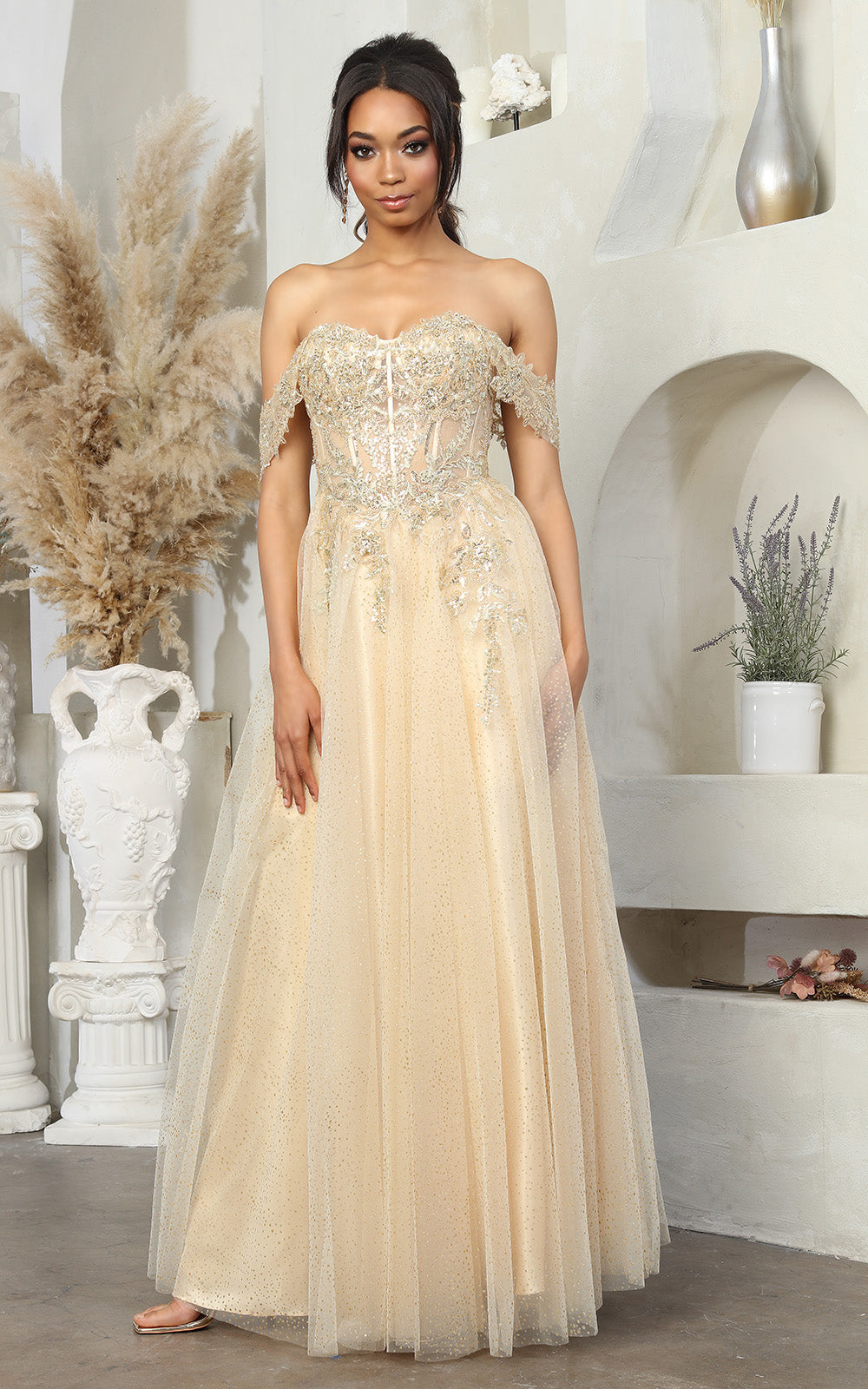 Off-the-Shoulder Floor-Length Tulle Prom A-Line May Queen 2079