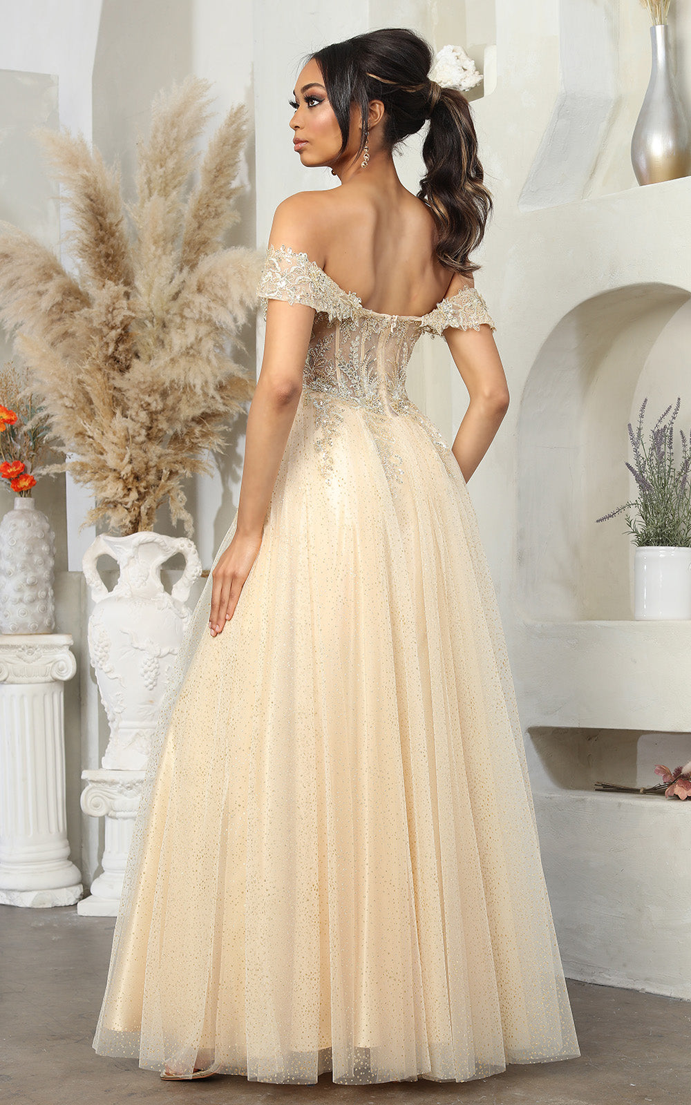 Off-the-Shoulder Floor-Length Tulle Prom A-Line May Queen 2079