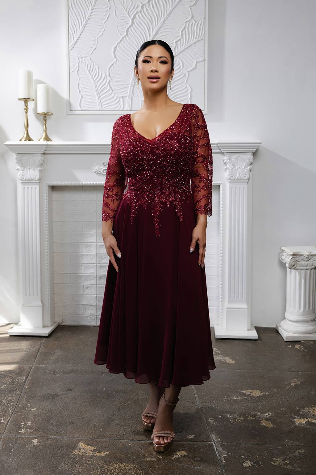 V-Neck Tea-Length Chiffon Mother of the Bride A-Line May Queen 2108