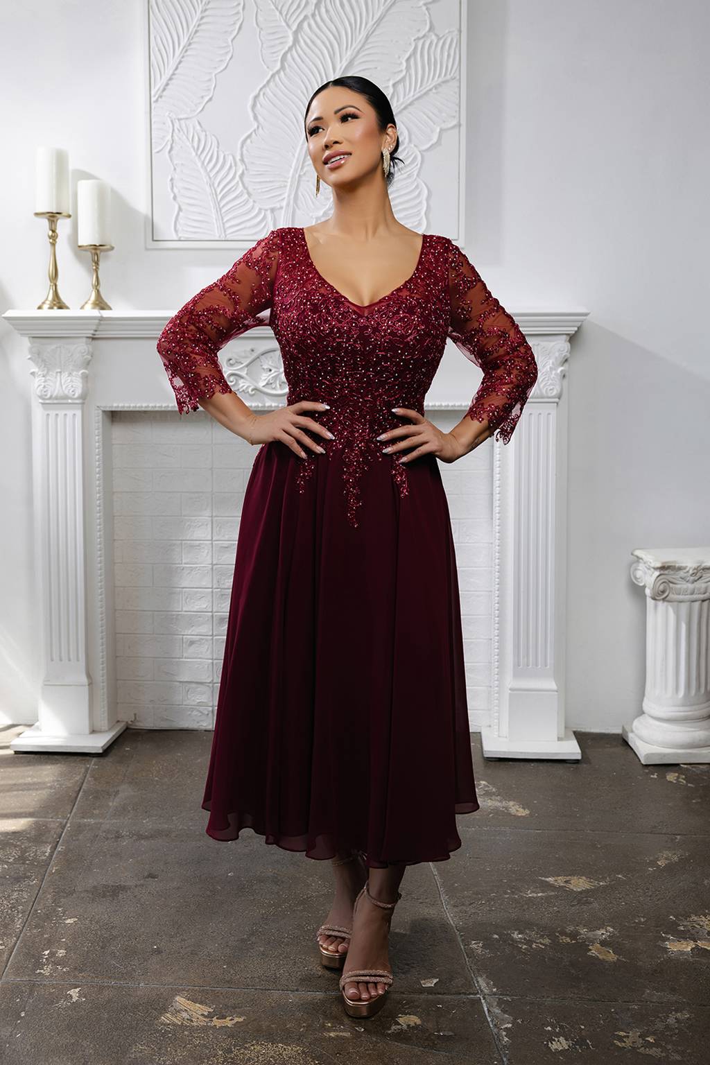 V-Neck Tea-Length Chiffon Mother of the Bride A-Line May Queen 2108