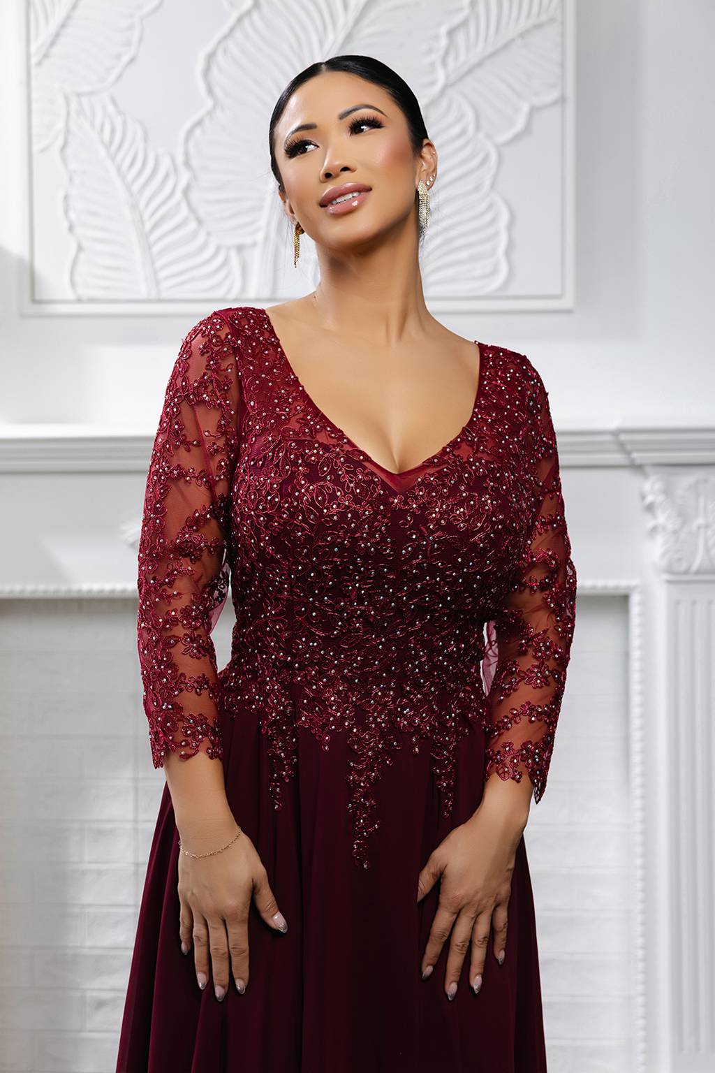 V-Neck Tea-Length Chiffon Mother of the Bride A-Line May Queen 2108