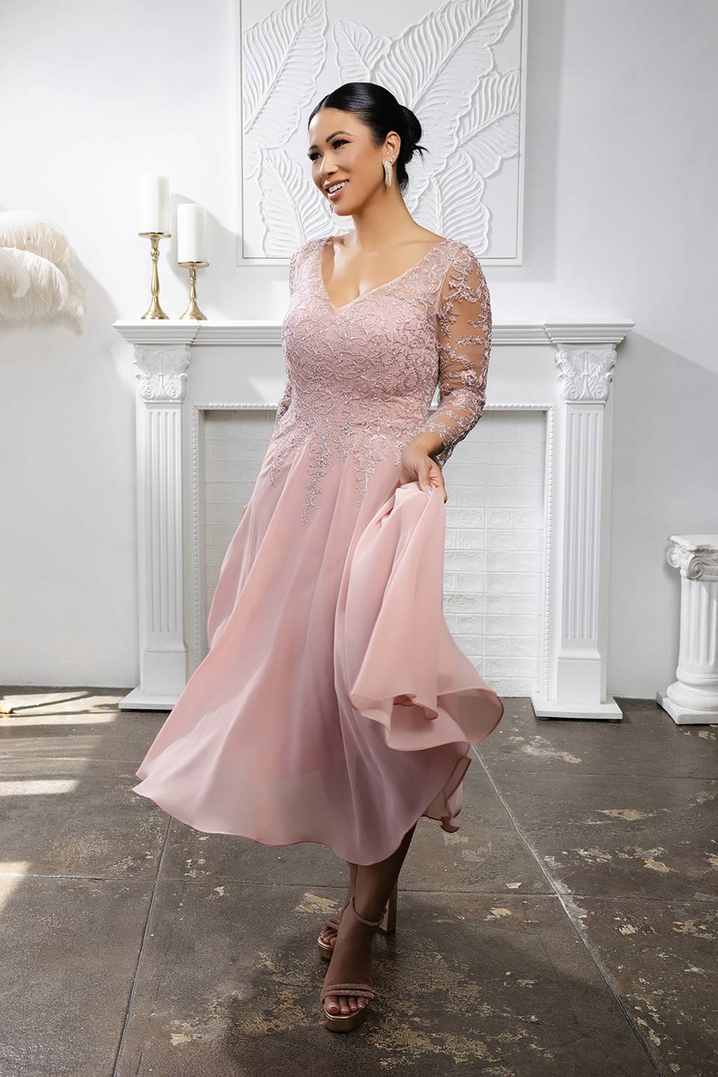 V-Neck Tea-Length Chiffon Mother of the Bride A-Line May Queen 2108