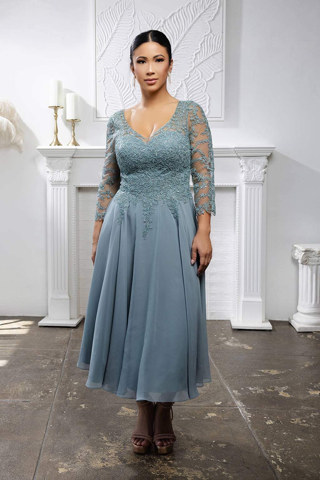 V-Neck Tea-Length Chiffon Mother of the Bride A-Line May Queen 2108