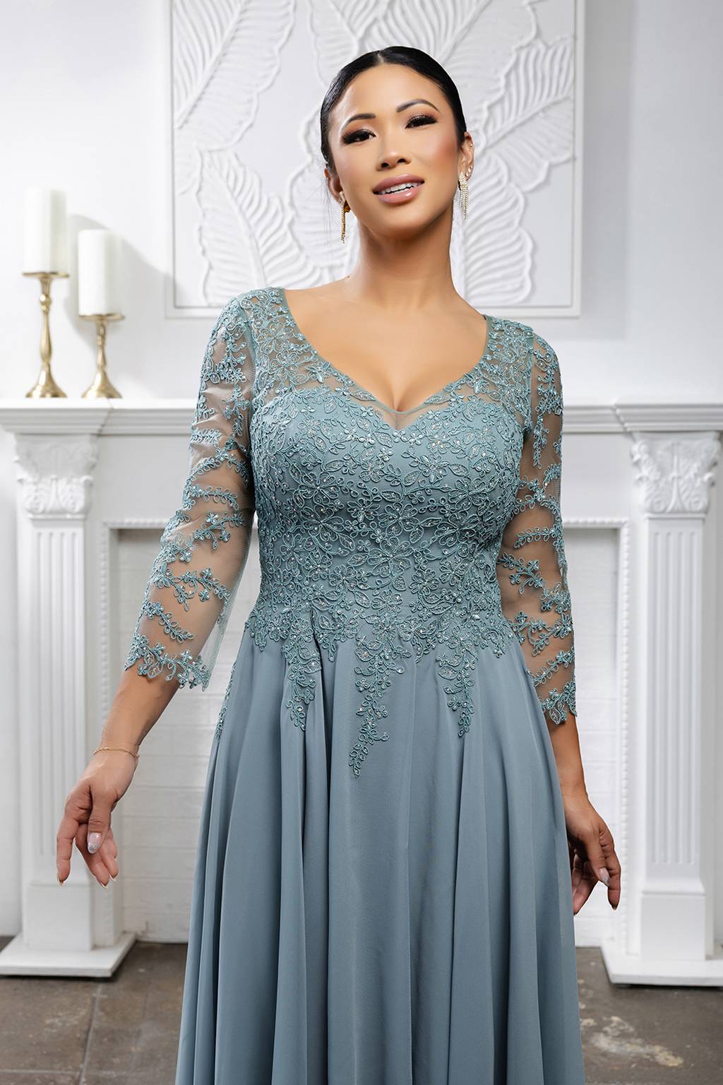 V-Neck Tea-Length Chiffon Mother of the Bride A-Line May Queen 2108