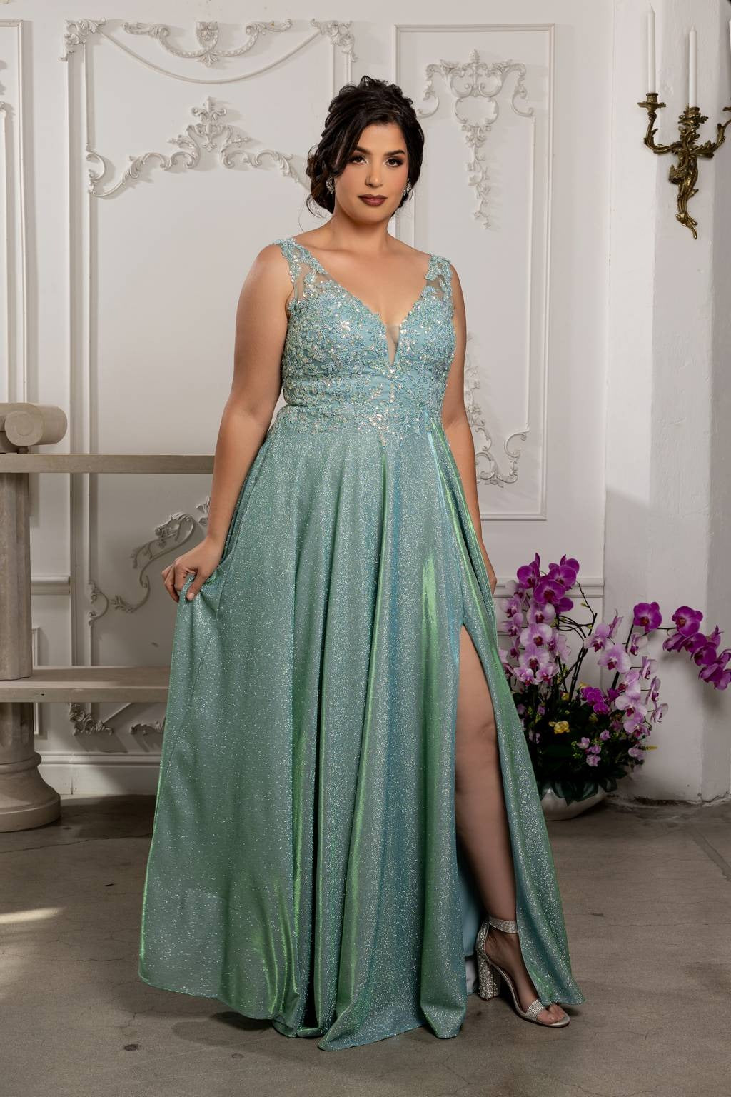 V-Neck Floor-Length Sequin Prom A-Line May Queen 2137