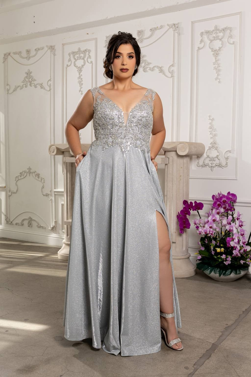 V-Neck Floor-Length Sequin Prom A-Line May Queen 2137