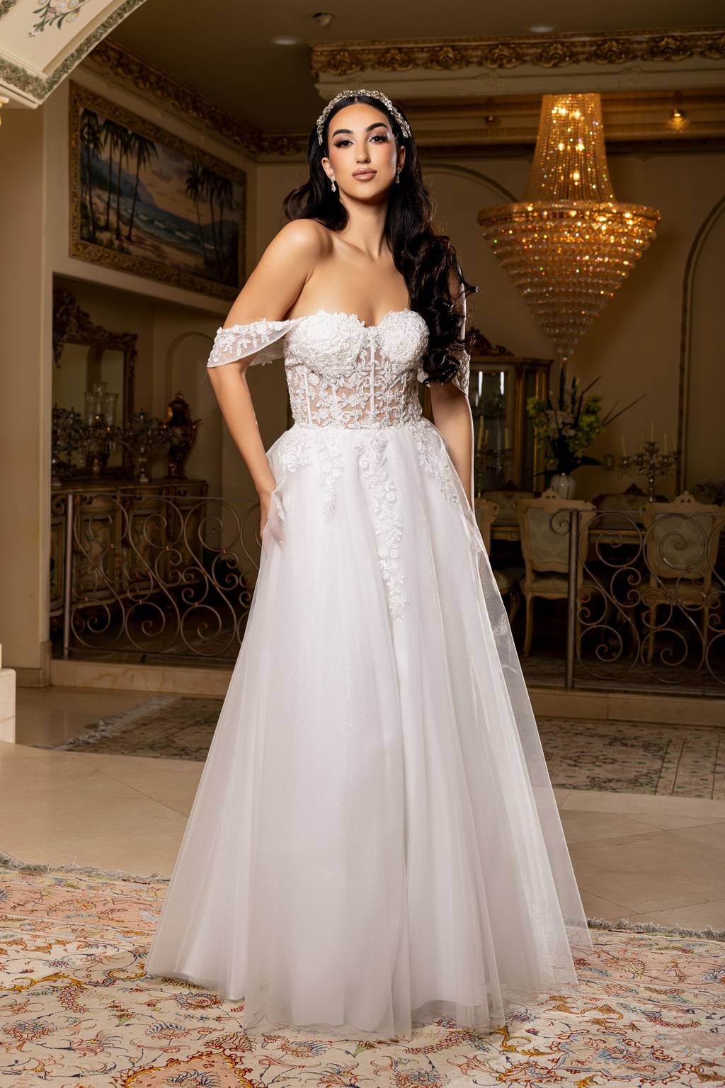 Off-the-Shoulder Floor-Length Tulle Prom Ball Gown May Queen MQ2176