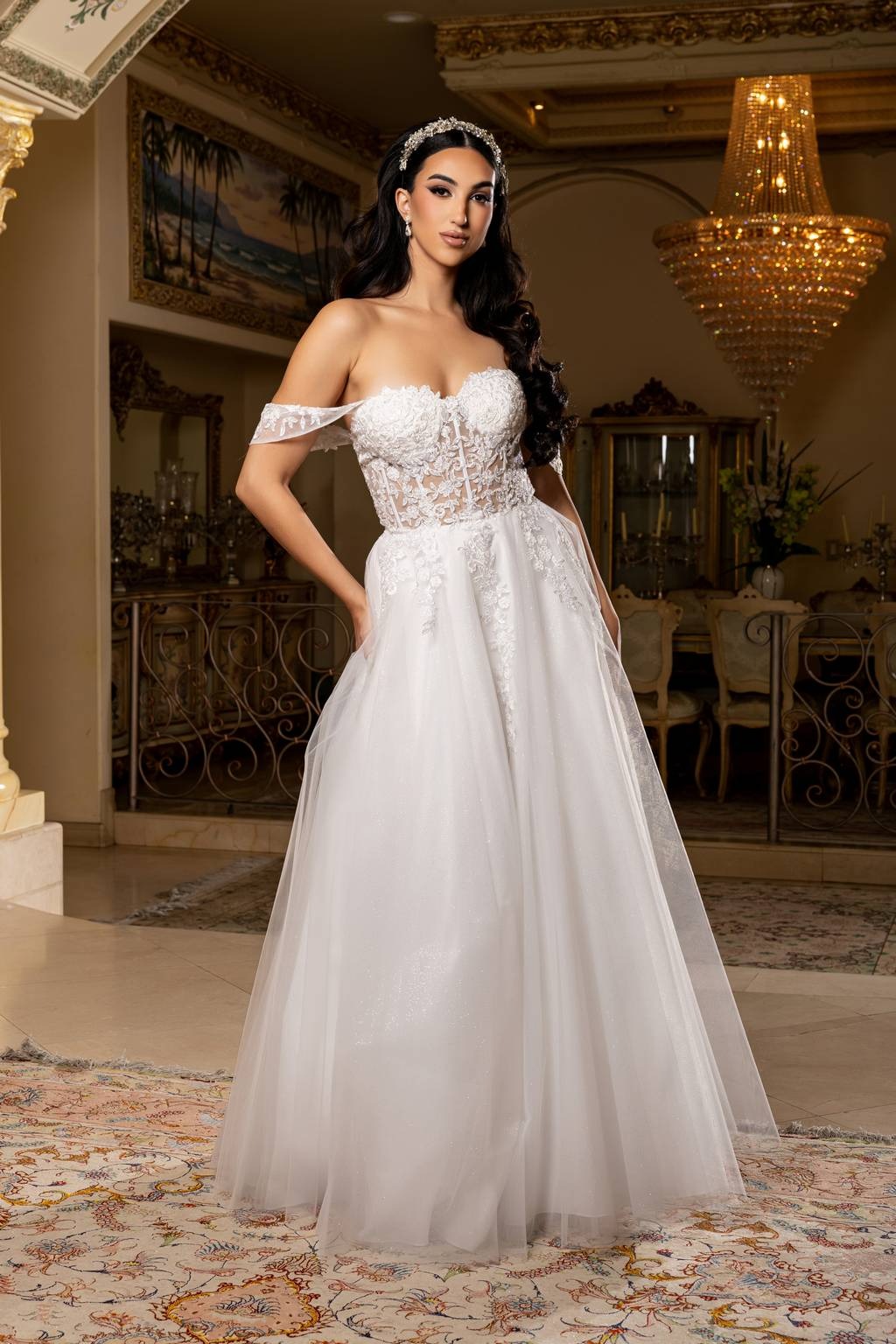 Off-the-Shoulder Floor-Length Tulle Prom Ball Gown May Queen MQ2176