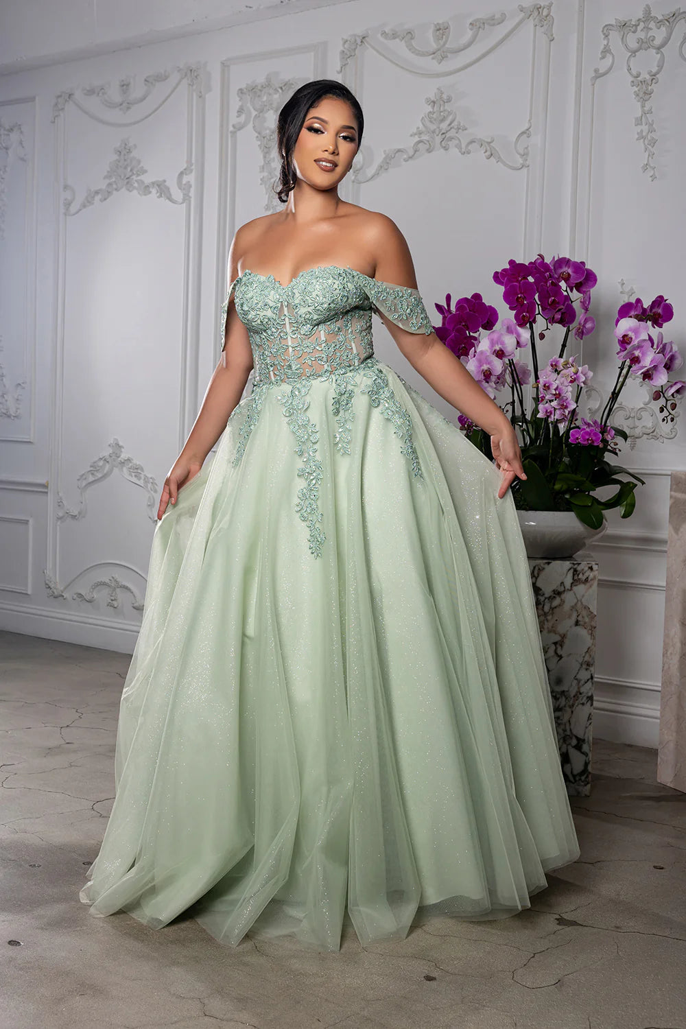 Off-the-Shoulder Floor-Length Tulle Prom Ball Gown May Queen MQ2176