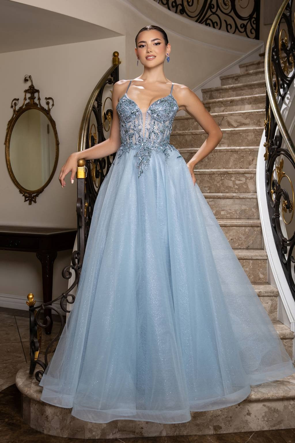 V-Neck Floor-Length Tulle Prom A-Line May Queen MQ2178