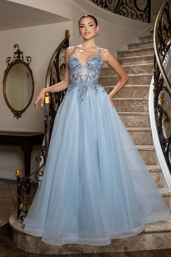 V-Neck Floor-Length Tulle Prom A-Line May Queen MQ2178