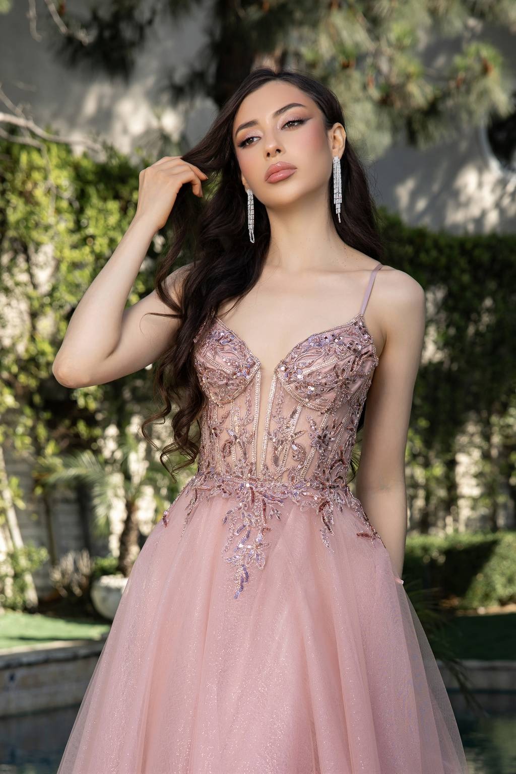 V-Neck Floor-Length Tulle Prom A-Line May Queen MQ2178