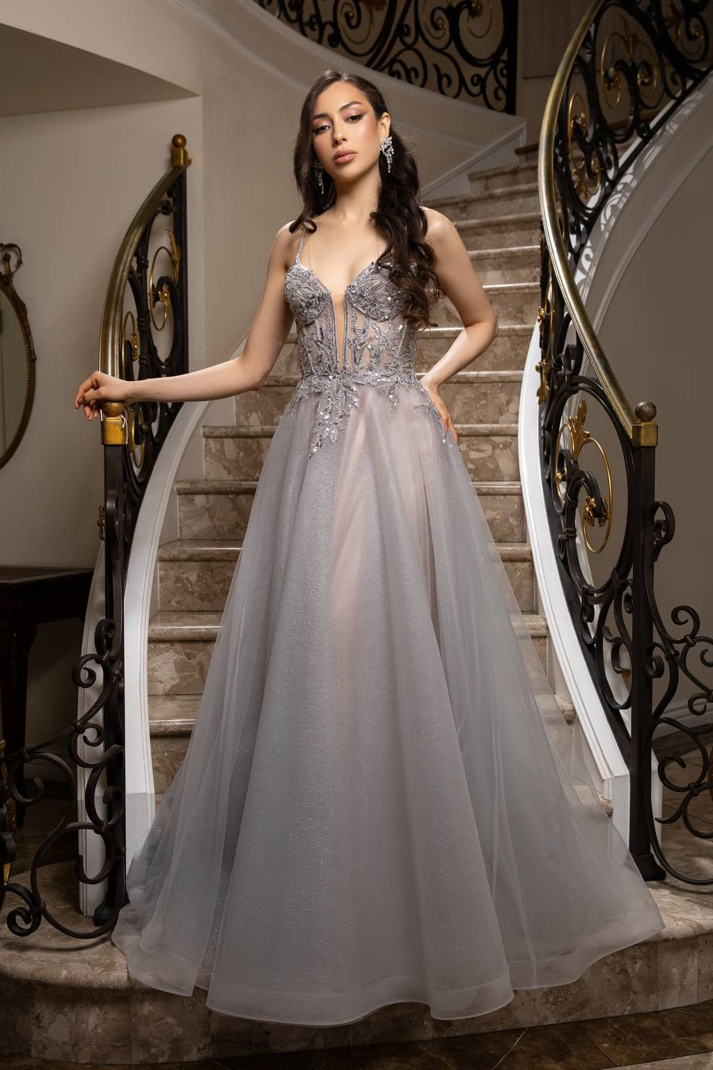 V-Neck Floor-Length Tulle Prom A-Line May Queen MQ2178