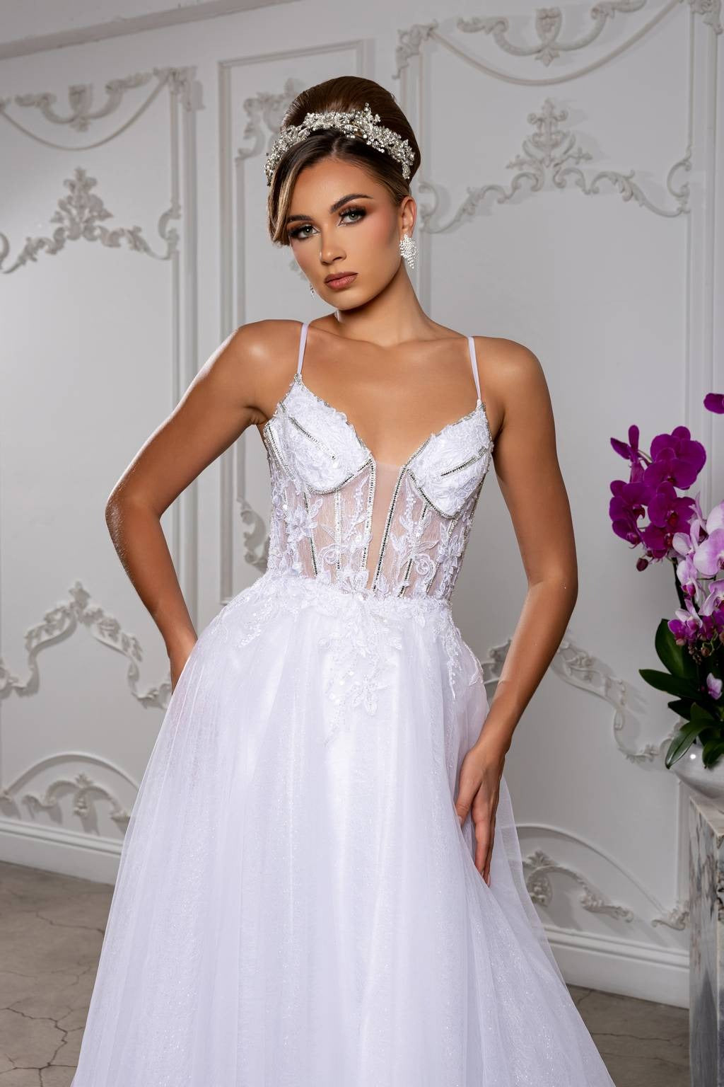 V-Neck Floor-Length Tulle Prom A-Line May Queen MQ2178