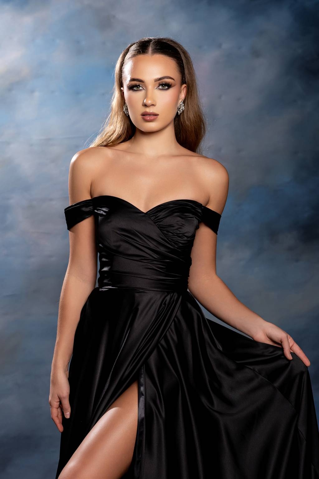 Off-the-Shoulder Floor-Length Satin Prom A-Line May Queen 2187