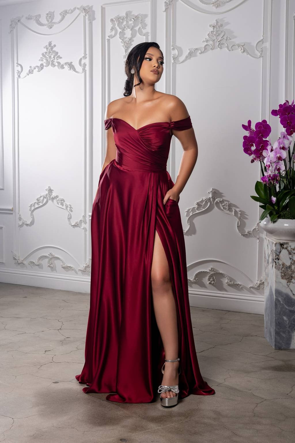 Off-the-Shoulder Floor-Length Satin Prom A-Line May Queen 2187