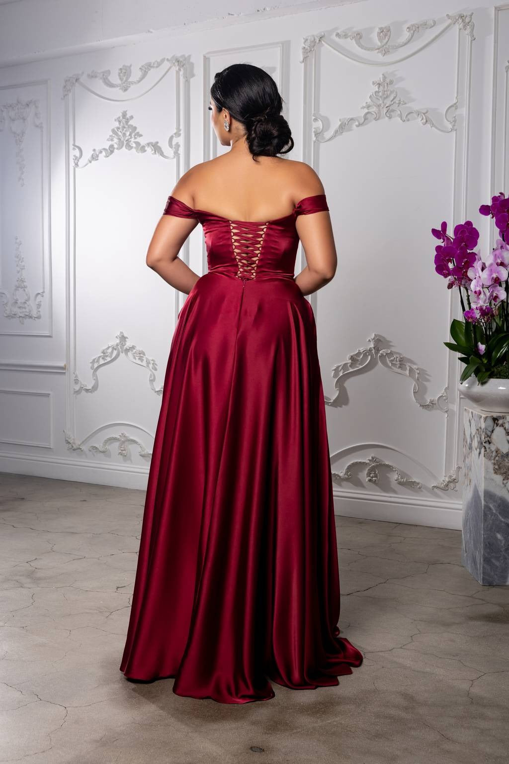 Off-the-Shoulder Floor-Length Satin Prom A-Line May Queen 2187