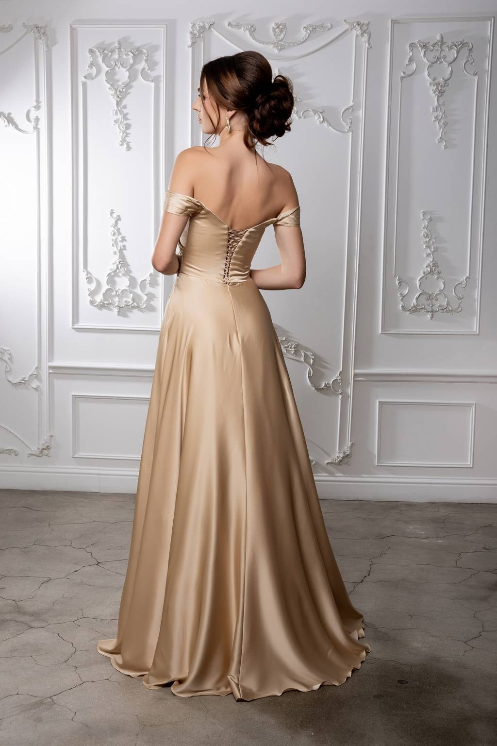 Off-the-Shoulder Floor-Length Satin Prom A-Line May Queen 2187