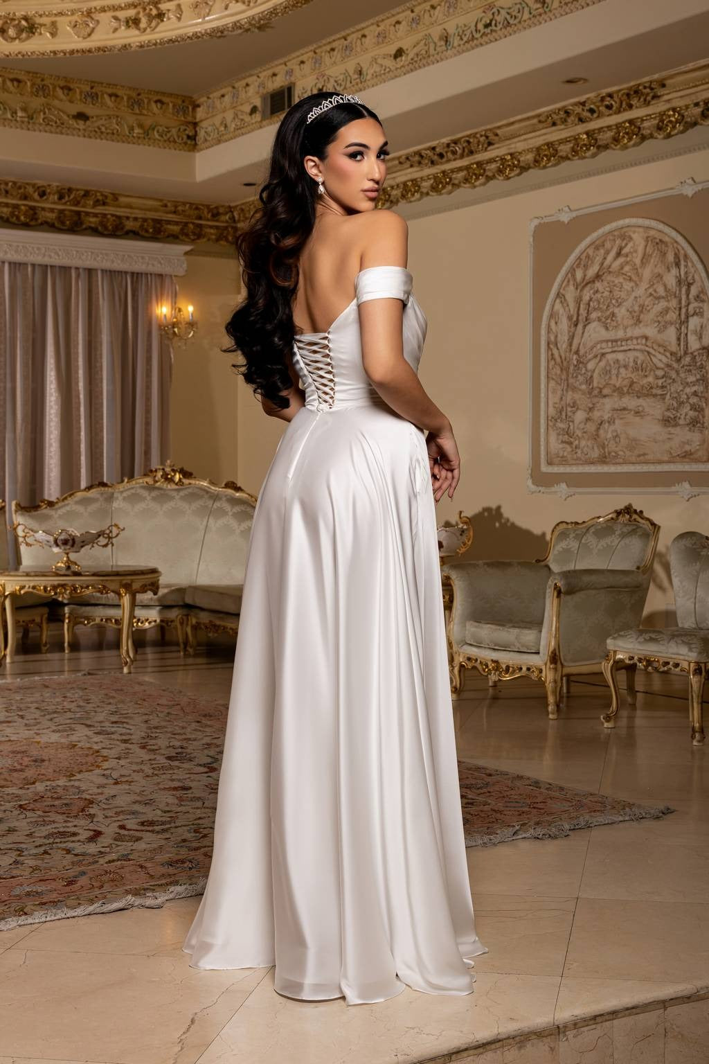 Off-the-Shoulder Floor-Length Satin Prom A-Line May Queen 2187