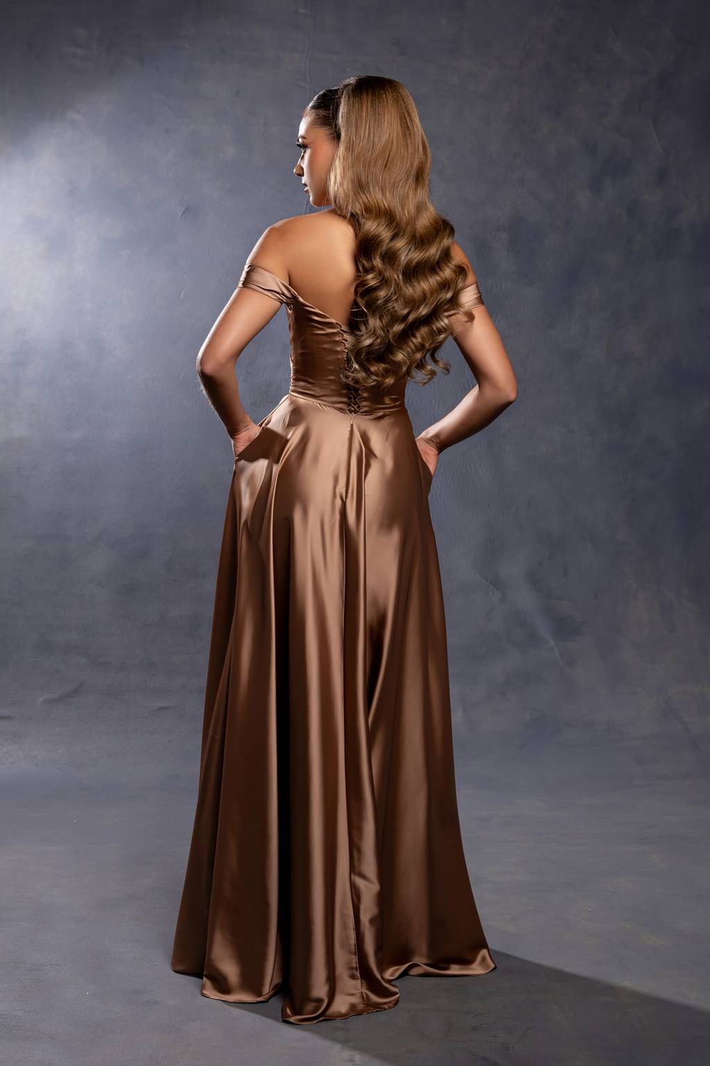 Off-the-Shoulder Floor-Length Satin Prom A-Line May Queen 2187