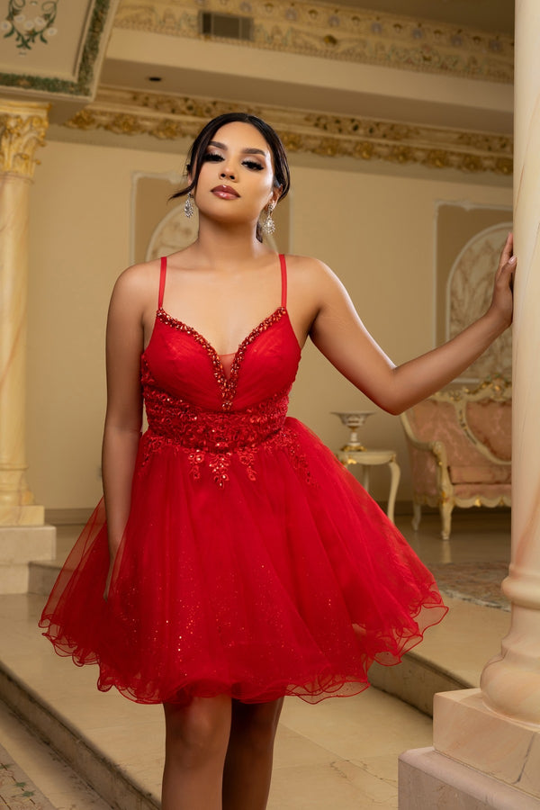 V-Neck Mini Short Tulle Cocktail A-Line May Queen MQ2192