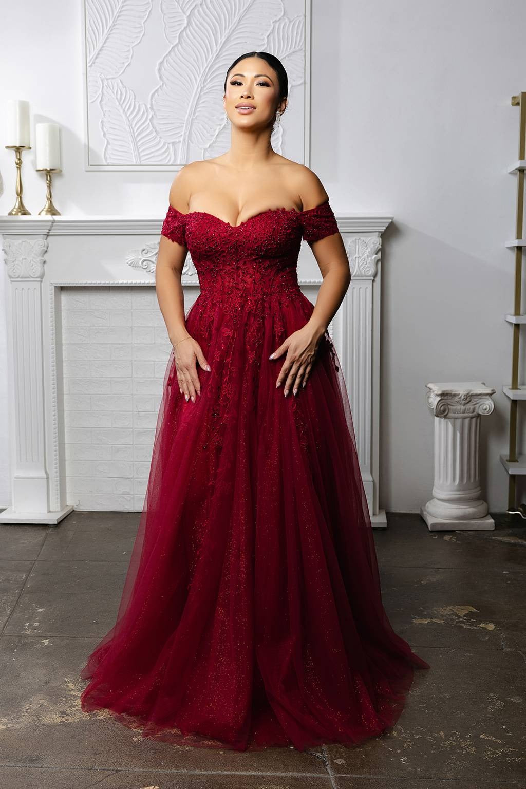 Off-the-Shoulder Floor-Length Tulle Prom A-Line May Queen MQ2200