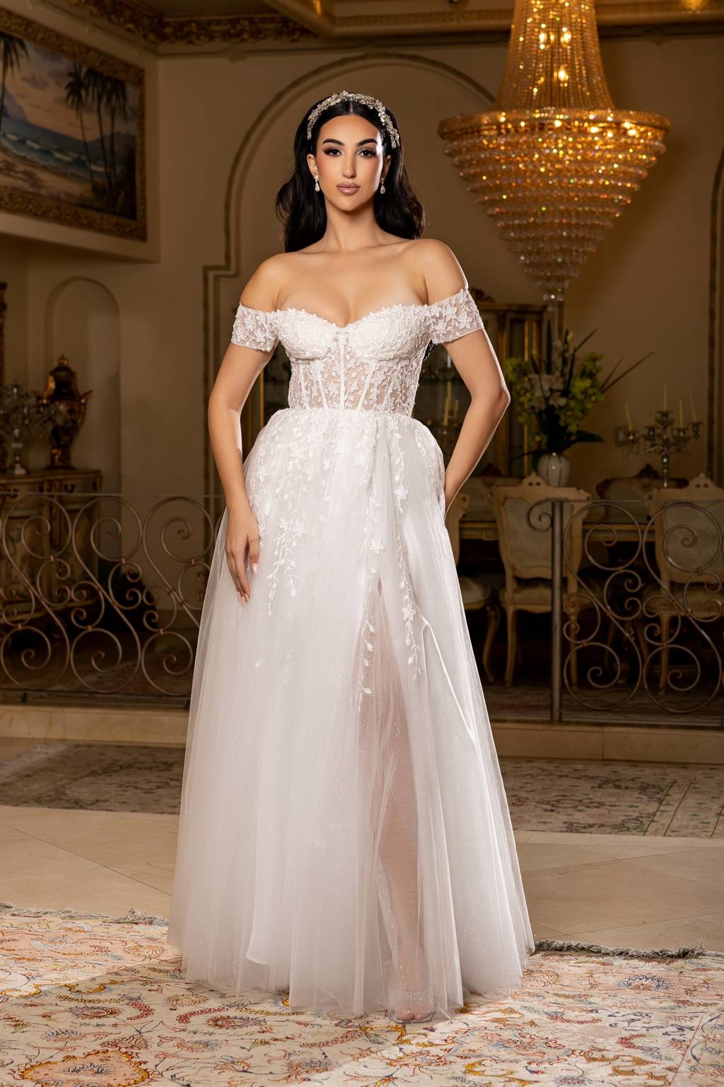 Off-the-Shoulder Floor-Length Tulle Prom A-Line May Queen MQ2200