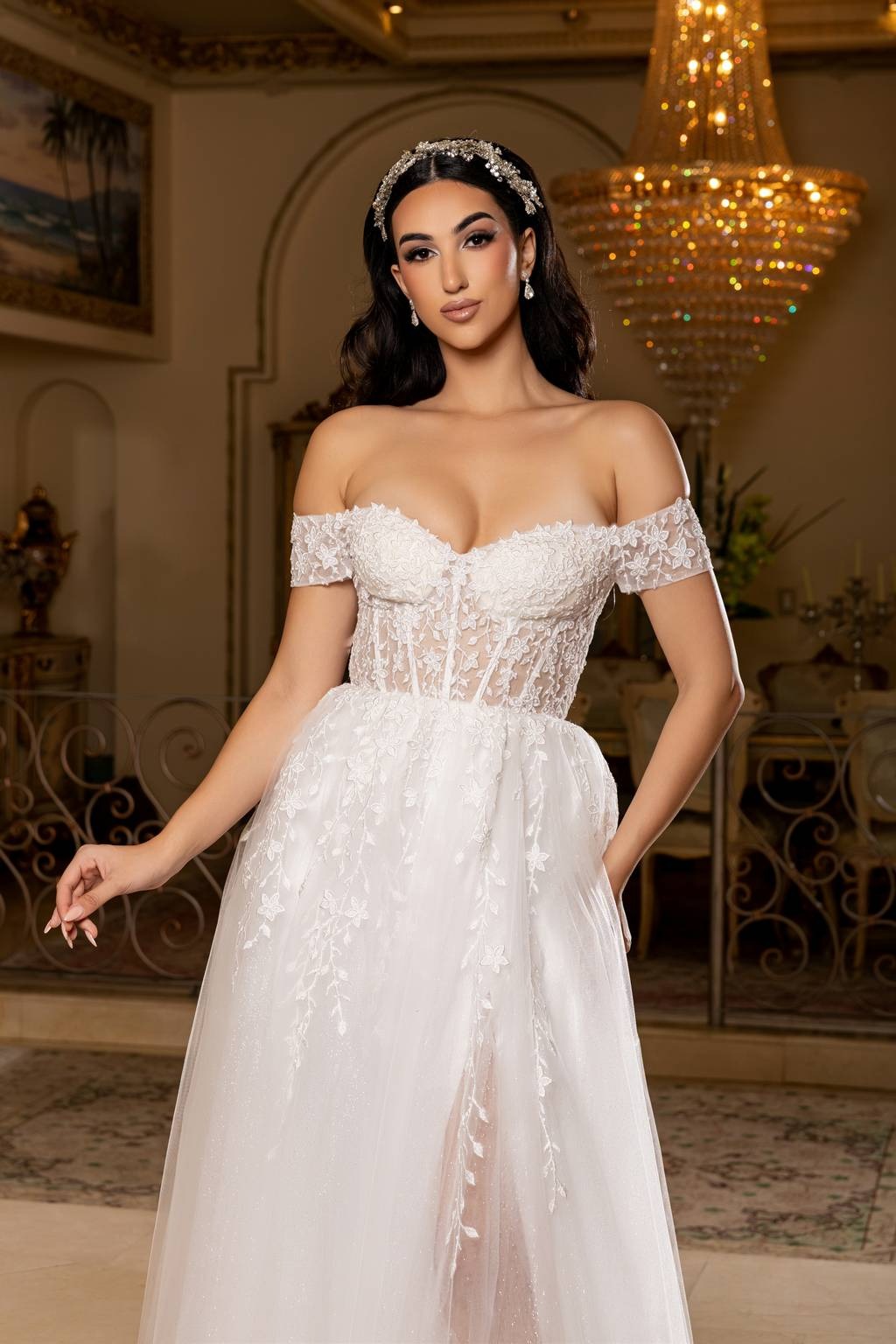 Off-the-Shoulder Floor-Length Tulle Prom A-Line May Queen MQ2200