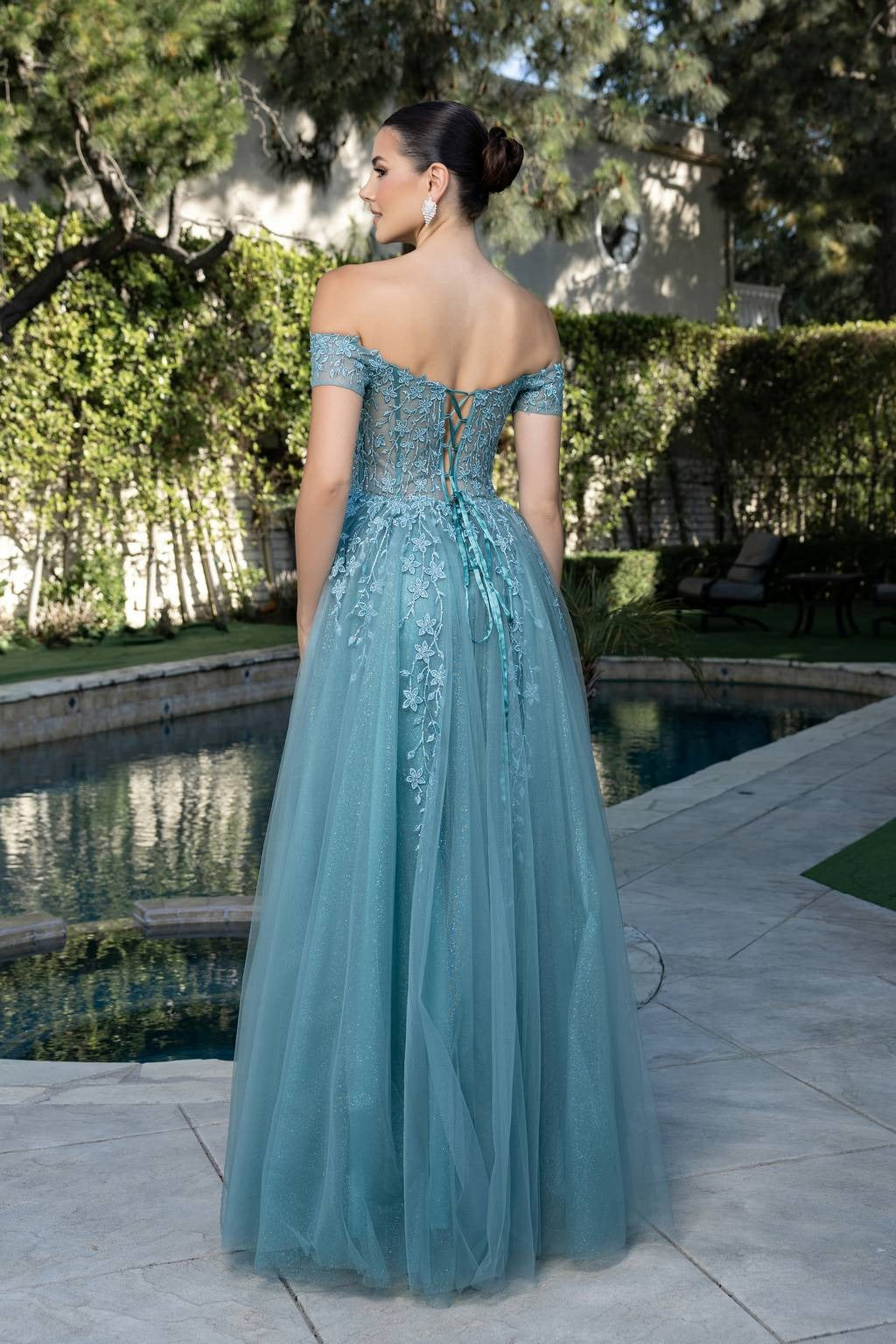 Off-the-Shoulder Floor-Length Tulle Prom A-Line May Queen MQ2200