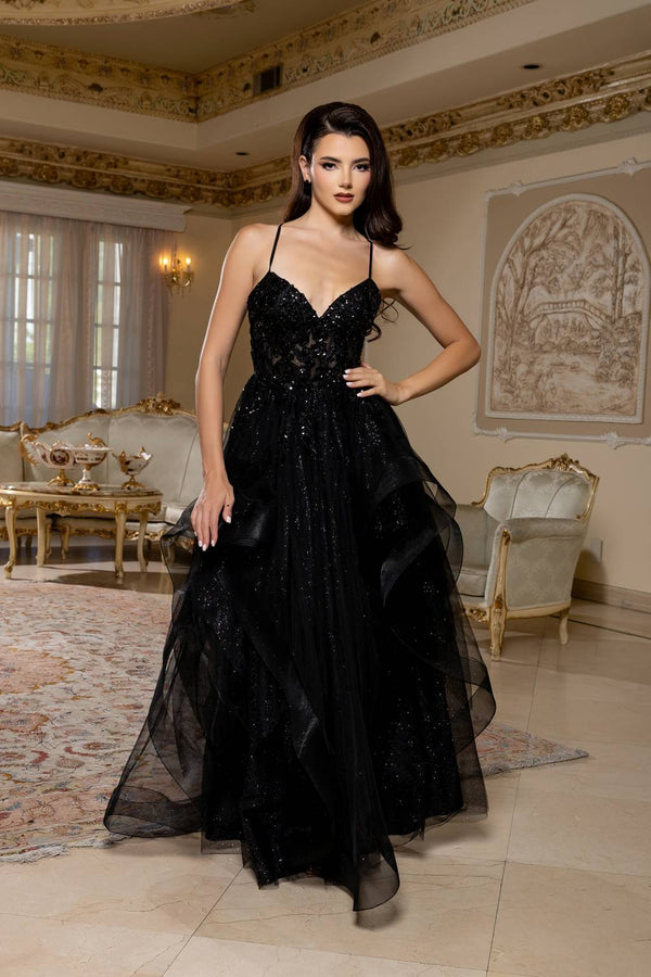 V-Neck Floor-Length Tulle Prom A-Line May Queen MQ2203