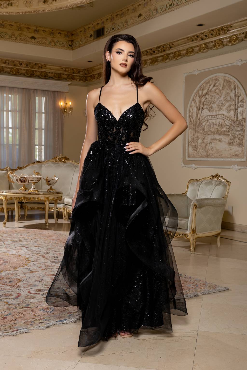 V-Neck Floor-Length Tulle Prom A-Line May Queen MQ2203