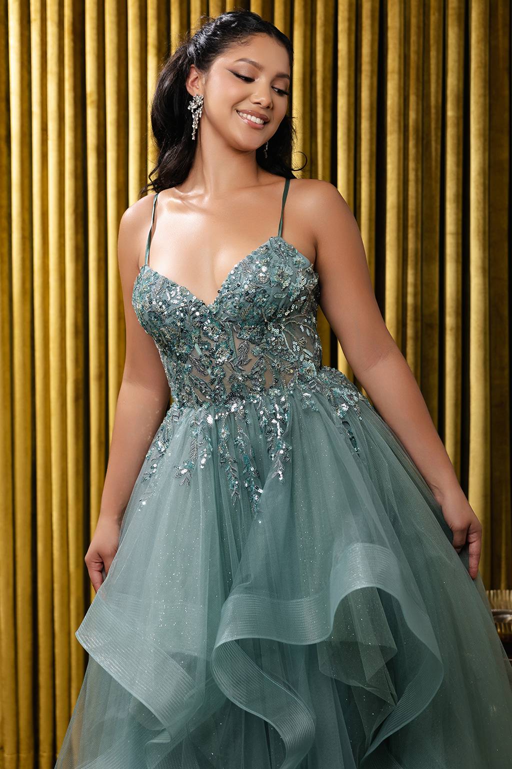 V-Neck Floor-Length Tulle Prom A-Line May Queen MQ2203