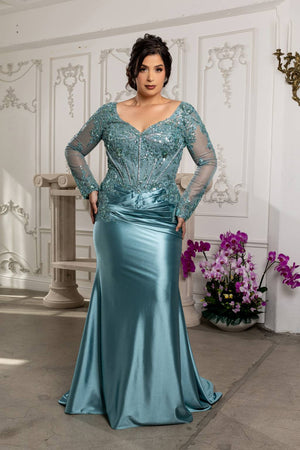 V-Neck Floor-Length Satin Evening Gown Mermaid May Queen MQ2204