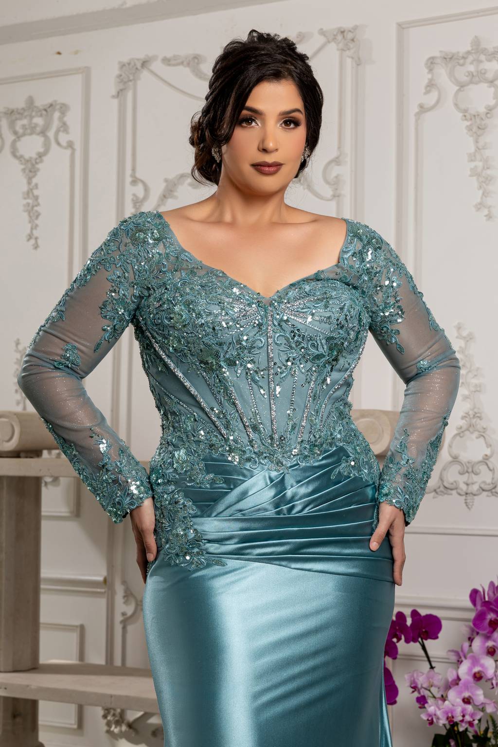 V-Neck Floor-Length Satin Evening Gown Mermaid May Queen 2204