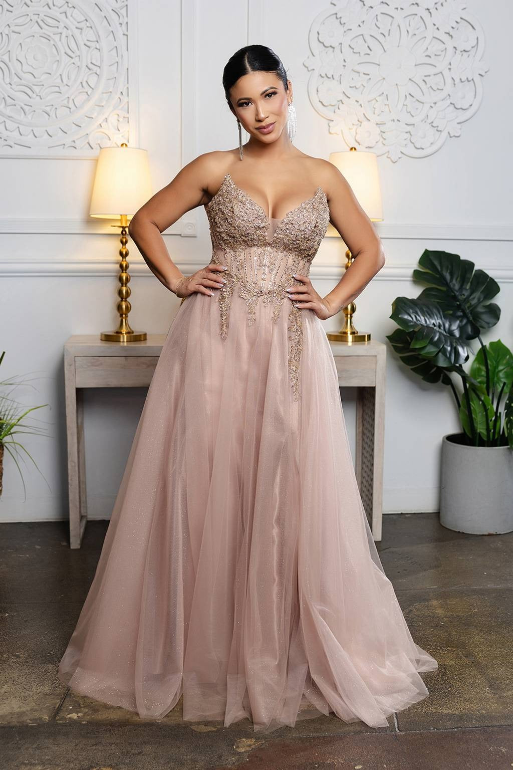 V-Neck Floor-Length Tulle Prom A-Line May Queen 2208