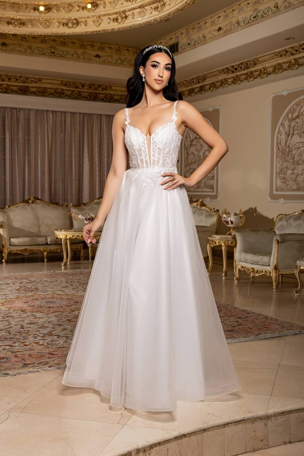 V-Neck Floor-Length Tulle Prom A-Line May Queen MQ2212