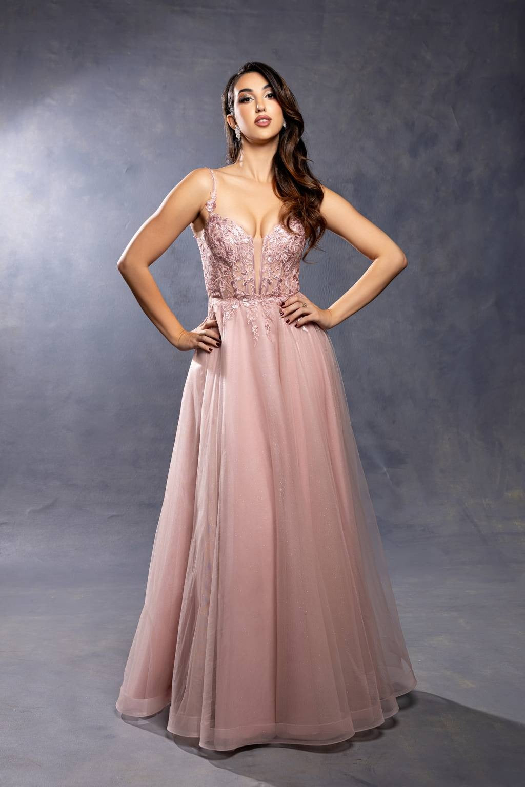 V-Neck Floor-Length Tulle Prom A-Line May Queen MQ2212