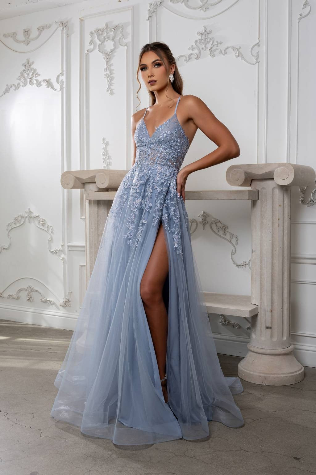 V-Neck Tulle Floor-Length Prom A-Line Dress MQ2220 The Dress Outlet V-Neck Tulle Floor-Length Prom A-Line Dress MQ2220 The Dress Outlet