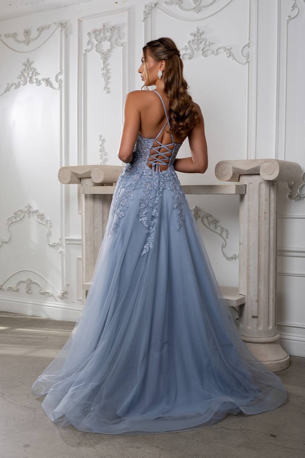 V-Neck Floor-Length Tulle Prom A-Line May Queen MQ2220