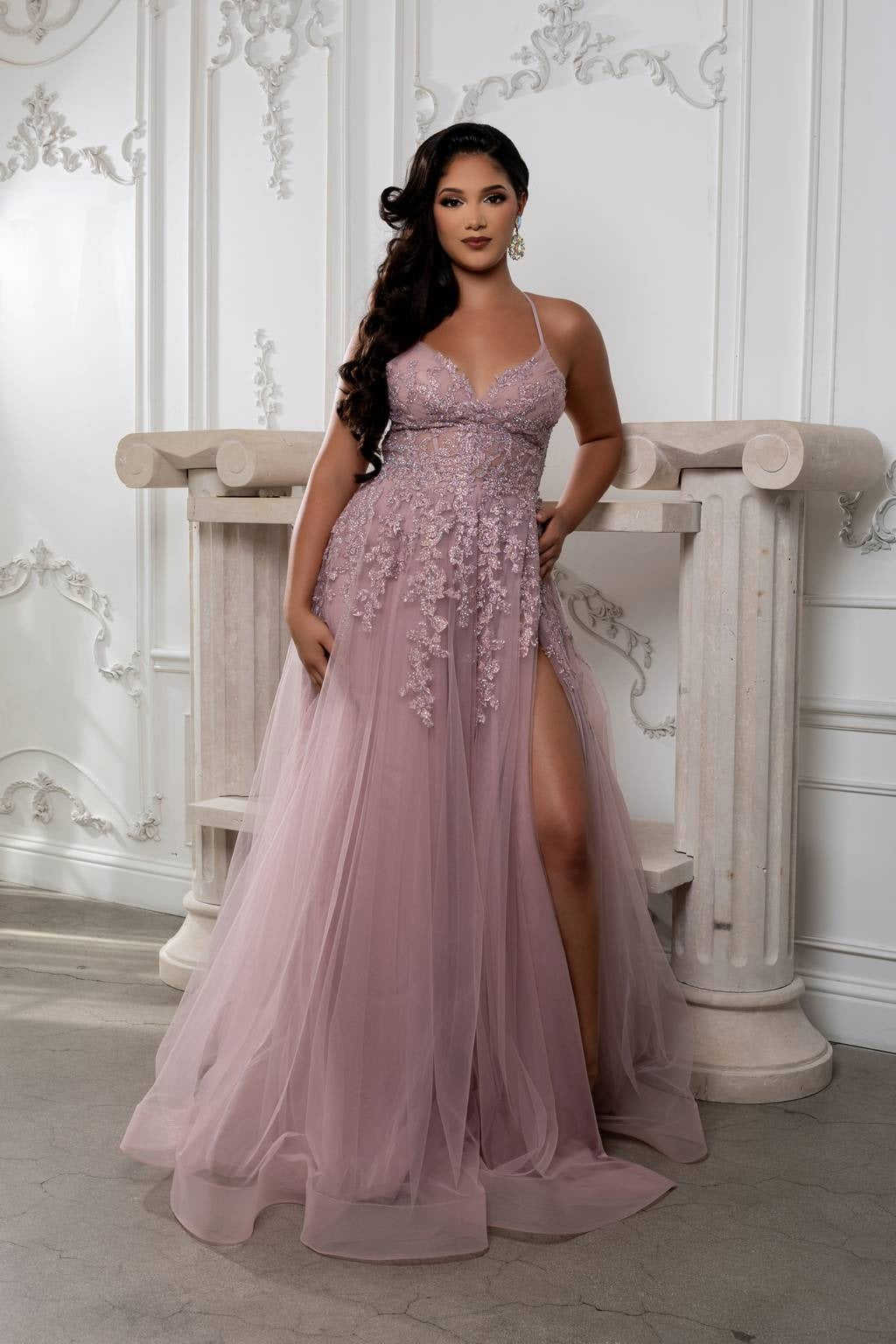 V-Neck Floor-Length Tulle Prom A-Line May Queen MQ2220